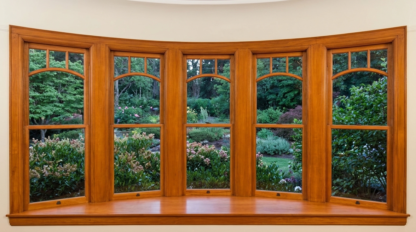 Custom 5-window arched wood bay installation by Arellano's