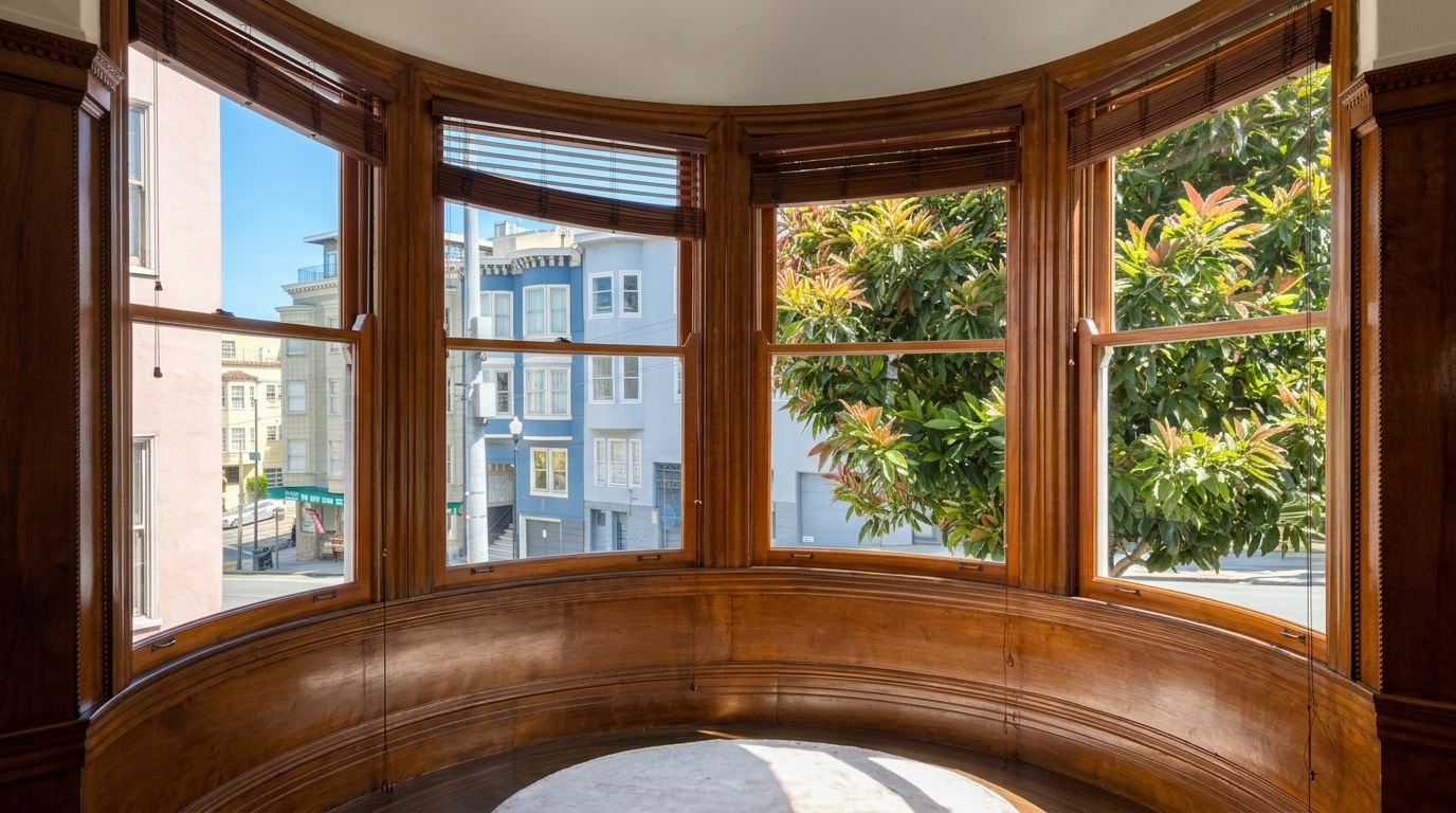 Custom curved wood bay window installation by Arellano's Wood Windows and Doors in San Francisco